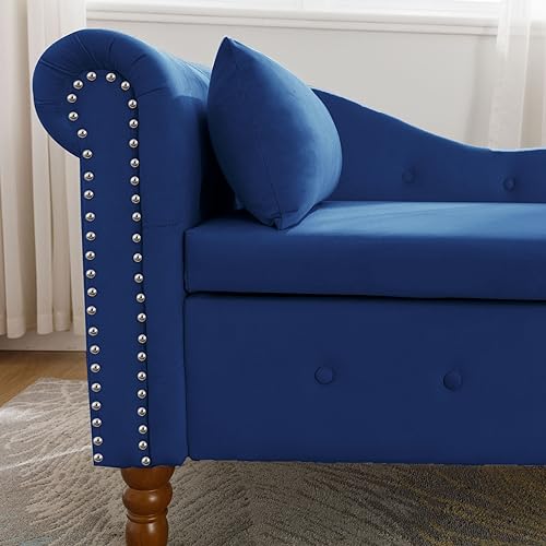 Velvet Storage Chaise Lounge, End of Bed Storage Bench with Pillow and Backrest, Button Tufted Lounge Chair with Nailhead Trim & Wood Legs, Padded Sleeper Sofa Couch for Living Room Bedroom, Black