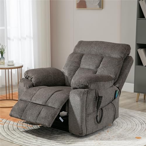 Light Grey Recliner Chair for Elderly | Tall and Big Man 400lbs | Chenille | Power Lift, Lay Flat, Stand Up, Wireless Charging Device, Extended Footrest, Massage Heat, Cup Holder, Lumbar Pillow