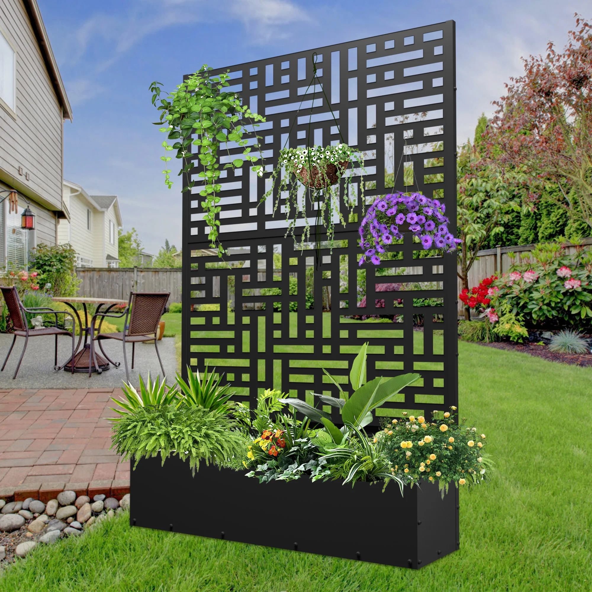 FOOWIN 71'' H Metal Planter with Trellis, Outdoor Raised Garden Bed for Climbing Plants, Trellis Planter Box with Drainage Hole, Black, 1PC