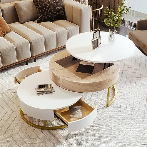 Modern Round Lift-top Nesting Coffee Tables with 2 Drawers for Living Room White & Natural