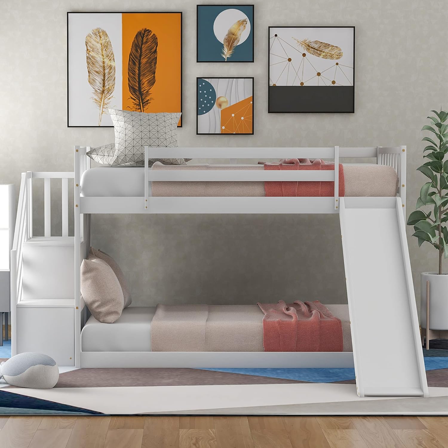 Kids Bunk Bed With Stairs, Over Bunk Bed With Stairs And Slide, Low Bunk Bed For Toddlers Wood, Bunk+Bed+With+Slide, White