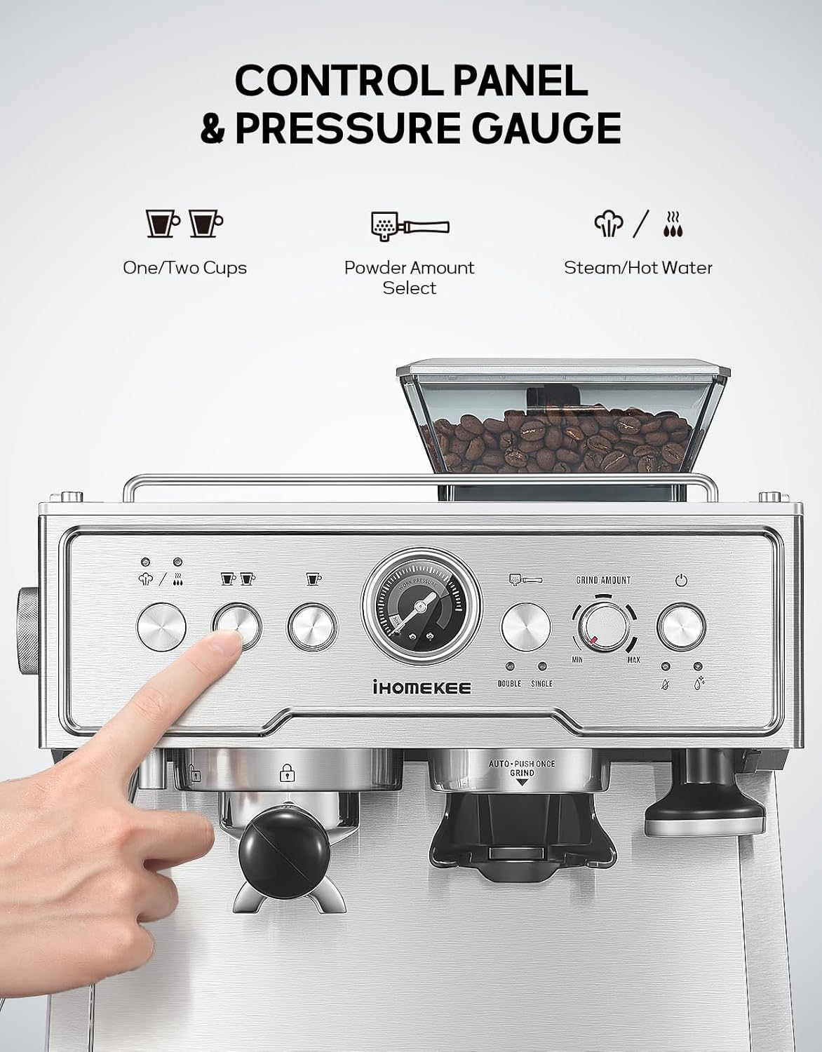 Espresso Coffee Maker With Grinder, 20 Bar Semi-Automatic Espresso Machine With Milk Frother Steam Wand, Professional Cappuccino Latte Machine For Home, Office, Brushed Stainless Steel