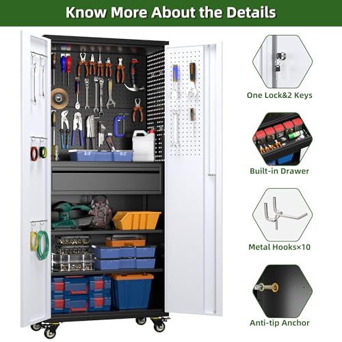 Aobabo Garage Storage Cabinet with Wheels,72" H Metal Storage Cabinet with 2 Doors and 4 Adjustable Shelves for Garage Home, Black,Required-Assembly