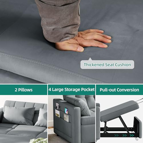 YITAHOME 55" Convertible Sofa Bed, 3-in-1 Sleeper Sofa with Pull-Out Bed, Velvet Futon Couch with Reclining Backrest and Side Pocket, Modern Loveseat for Living Room, Grey, Full Size