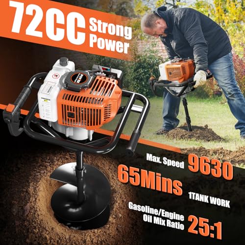 Post Hole Digger, 62cc Auger Post Hole Digger, Gas Powered Earth Digger with 2 Auger Drill Bits(6" & 8") + 3 Extension Rods, for Farmland, Garden and Plant (62CC)