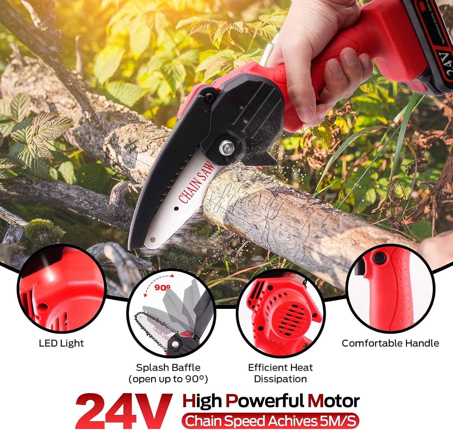 Mini Chainsaw, RLSOO Upgraded 4-Inch 24V Battery Powered Cordless Chainsaw, Portable One-Handed Rechargeable Electric Chainsaw for Tree Trimming Branch Wood Cutting（2 Batteries, 2 Chains Included） Pack of 2
