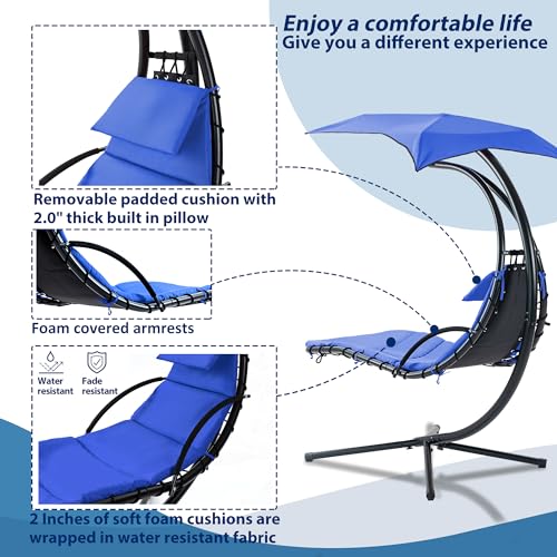Hanging Chaise Lounger with Removable Canopy Outdoor Indoor Hammock Swing Chair with Cushion Built in Pillow, Curved Zero Gravity Chaise Lounge Chair for Patio Porch Poolside (Navy)