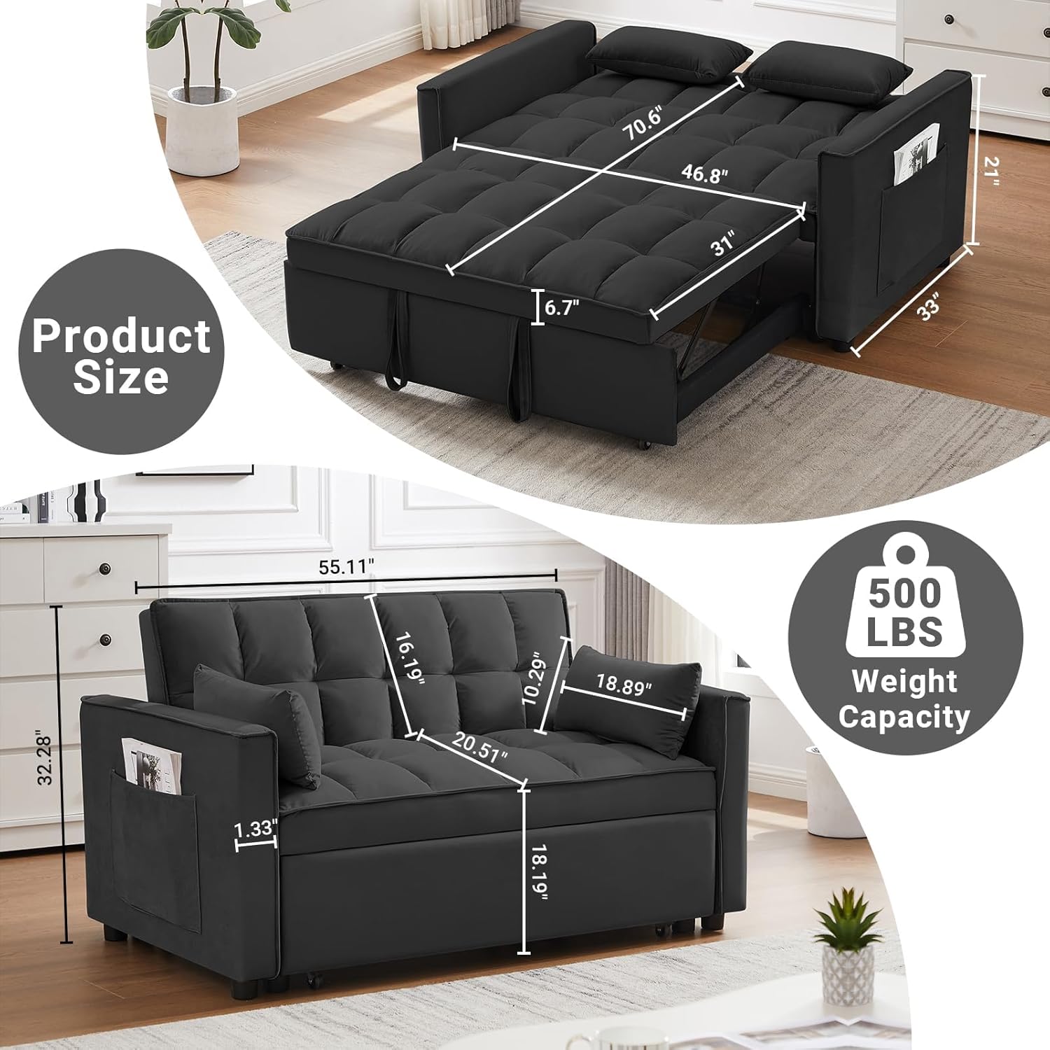 Loveseat 3 in 1 Convertible Sleeper, Modern Pullout Couch Bed, Velvet Chaise Lounge with 2 Pockets and 2 Pillows, Futon Sofa for Living Room Furniture, Black