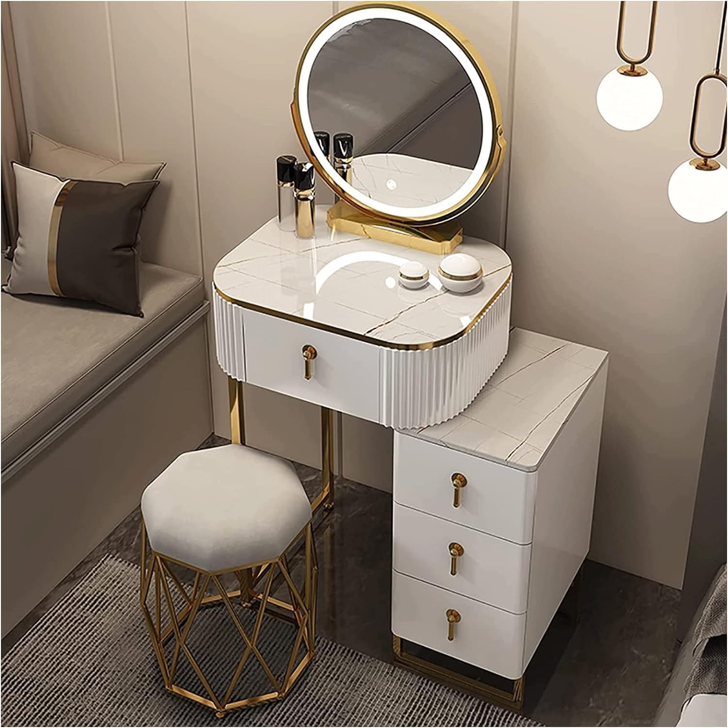 Vanity Desk with Lighted Mirror Fashion Dressing Table Set with Adjustable Cabinet Vanity Table Slate Tabletop Makeup Table ()
