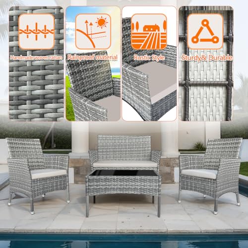 Patio Furniture Set 4 Pieces,Rattan Wicker Double Sofa, Coffee Table,Conversation Outdoor Sets, with Coffee Table and Soft Cushions, Garden Balcony Backyard Lounge Chairs (Black+Khaki Cusion)