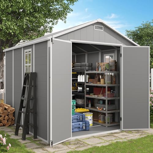 Outdoor Storage Shed, 6x6 FT Resin Shed with Floor and Lockable Door, Window, Vents, Tool Sheds and Outdoor Storage for Bike, Garden Accessories, Tools, Waterproof (Grey & White)