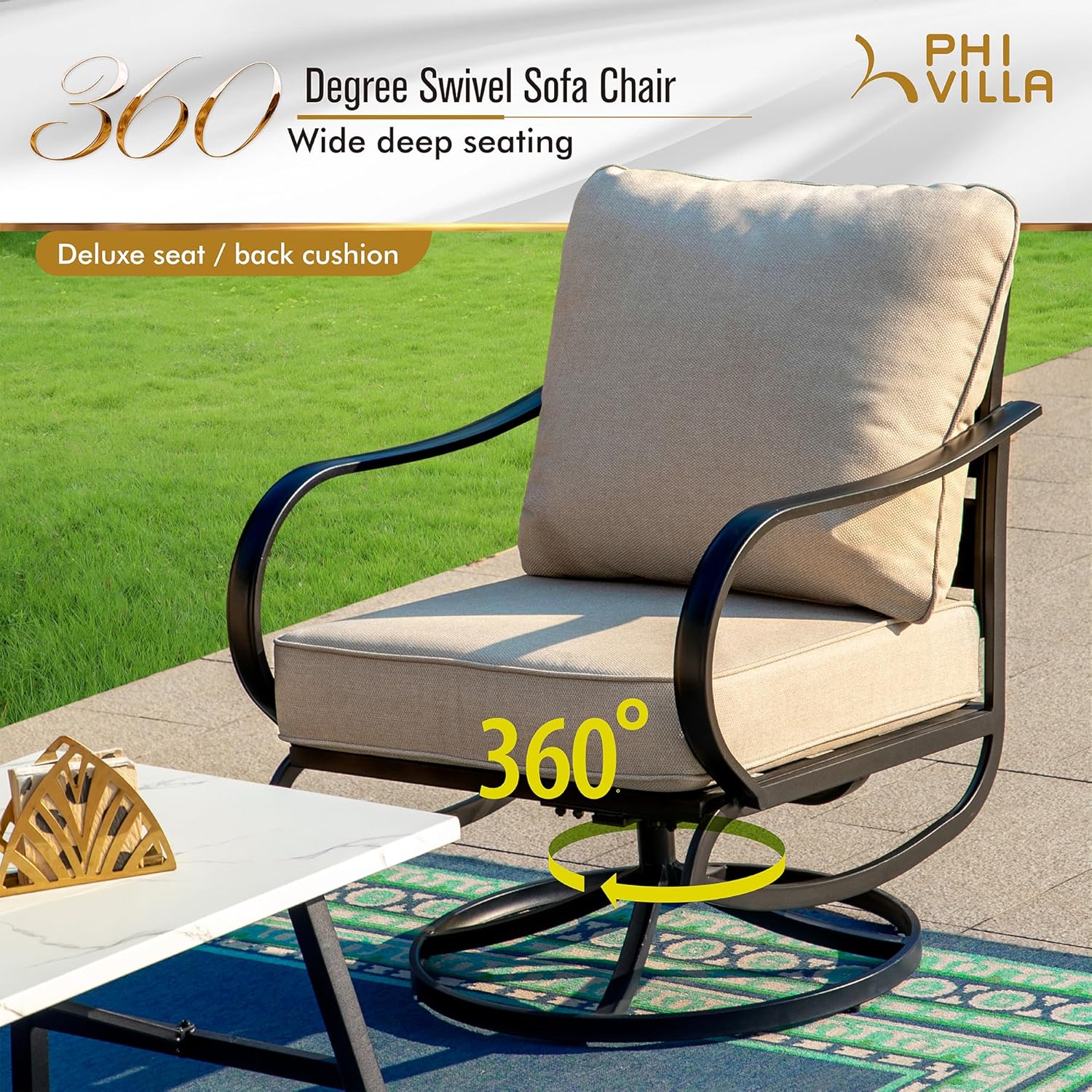 PHI VILLA Patio Furniture Chair Set for 2, Deluxe Outdoor Conversation Set with 2 Swivel Padded Sofa Chair, Full Metal with 5.8" Cushion for Deck, Lawn, Garden