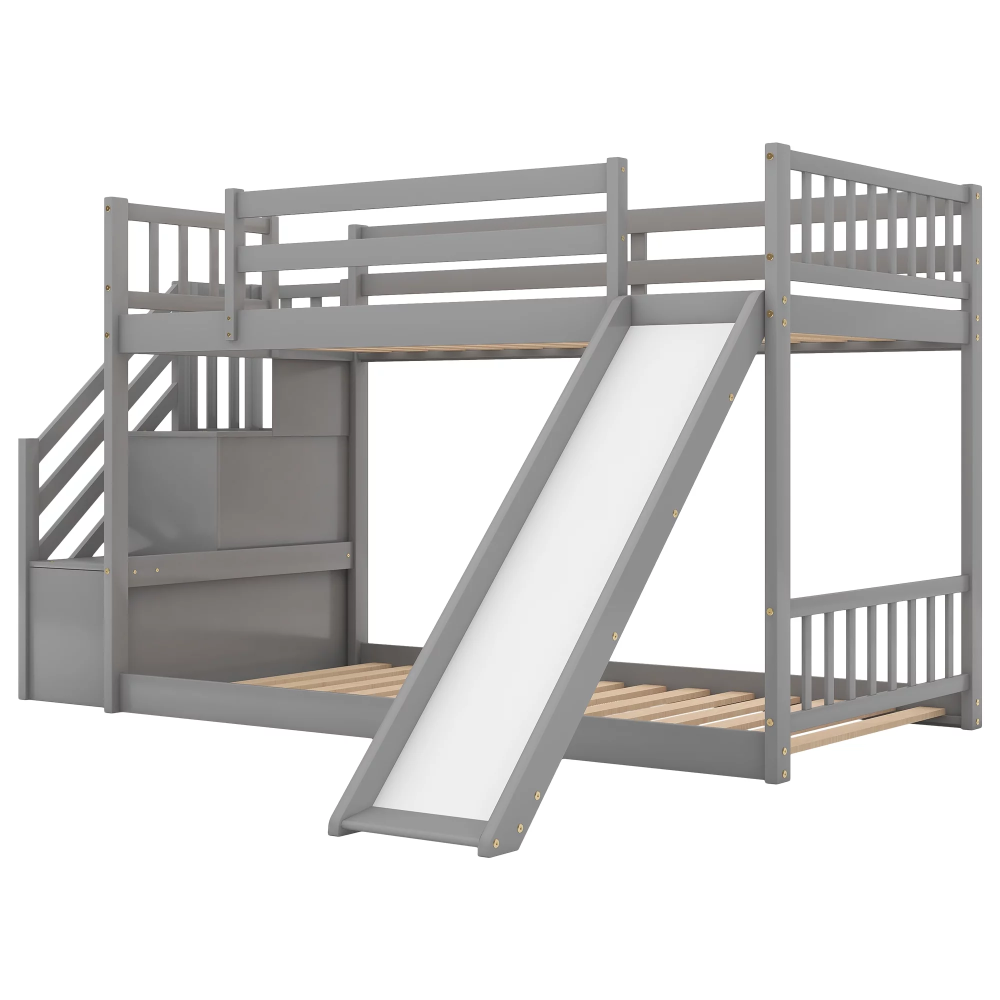 EUROCO Wood Twin over Twin Bunk Bed with Slide and Staircase, Low Profile Bunk Bed with Storage, Gray