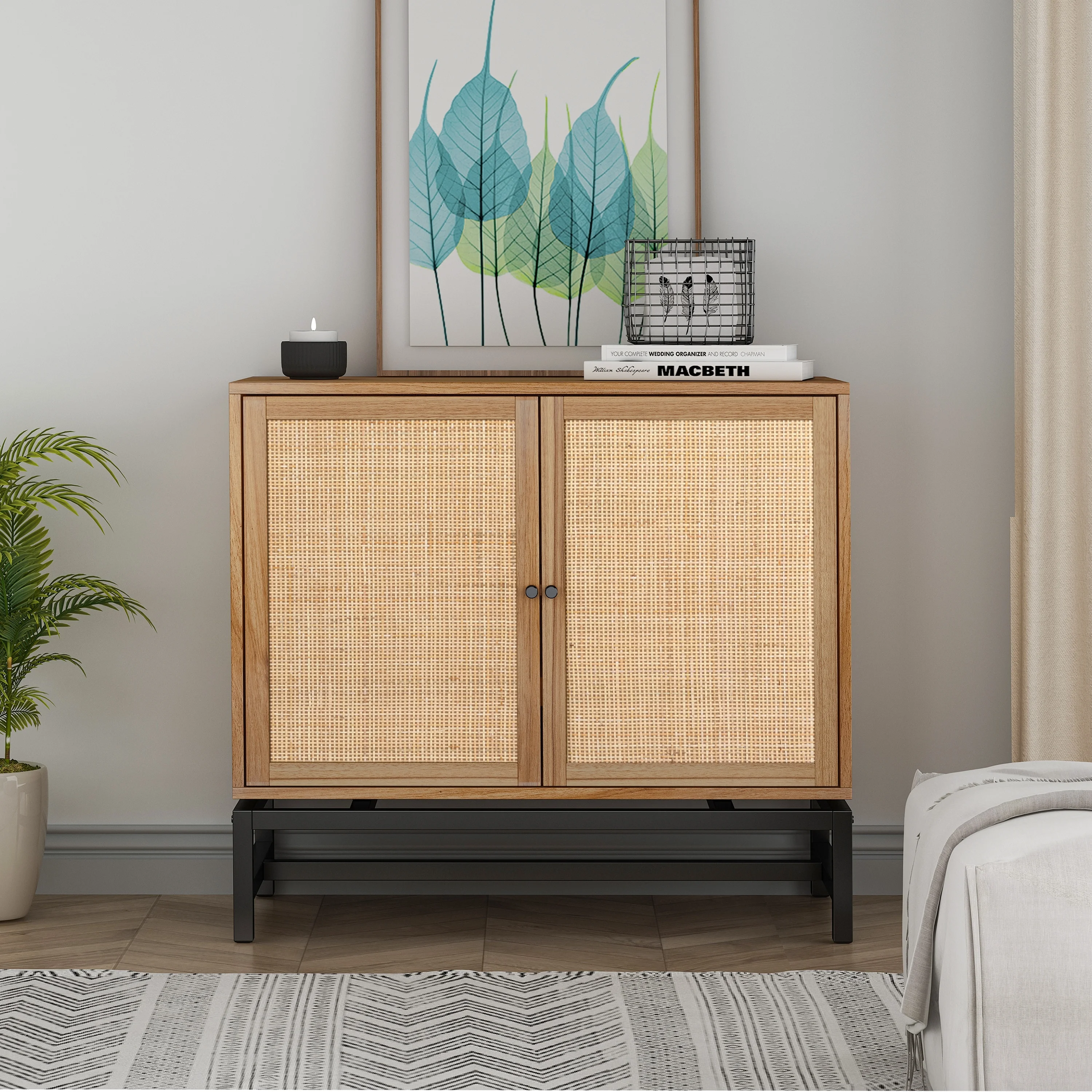 Natural Rattan Storage Cabinet with 2 Doors and 1 Adjustable Interior Shelf Walnut