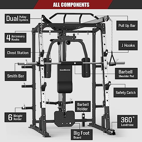 SunHome Smith Machine, 2000LBS Power Cage Squat Rack with Smith Bar, Two LAT Pull-Down Systems, Cable Crossover Machine and and More Cable Attachment for Home Gym