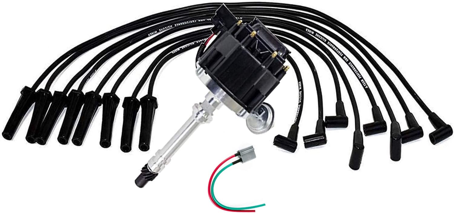 A-Team Performance - HEI Distributor Black Cap with Spark Plug Wires Set Pigtail Harness Complete Kit - Compatible with Chevrolet GM GMC SBC Small Block Chevy 262 265 267 283 302 305 307 327 383 400