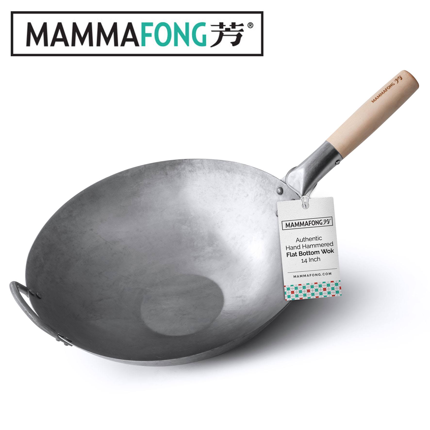 Flat Bottom Wok, Traditional Hand Hammered Wok, 14 inch Carbon Steel Chinese Pow Wok by Mammafong