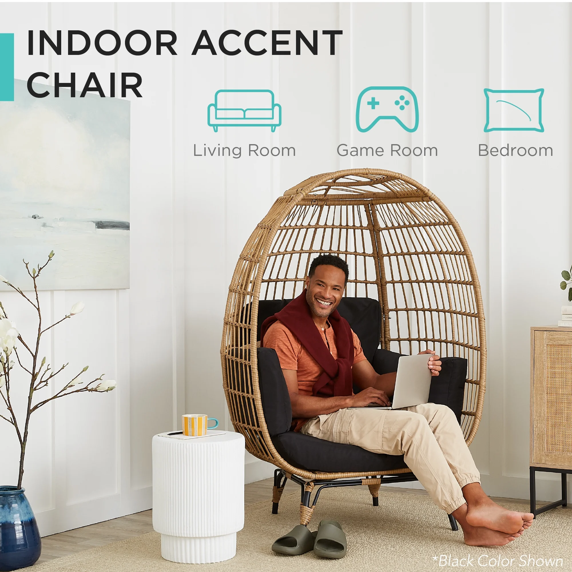 Best Choice Products Wicker Egg Chair Oversized Indoor Outdoor Patio Lounger w/ Steel Frame, 440lb Capacity - Ivory