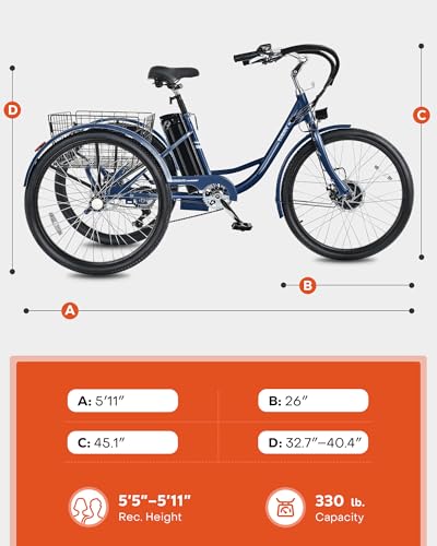 Viribus Electric Tricycle for Adults, 24 & 26 inch Electric Trike 350W(Peak 700W) with 468Wh Removable Battery, 3 Wheel Electric Bikes for Seniors, Motorized Adult Tricycle 7 Speed 330 lb. E Trike