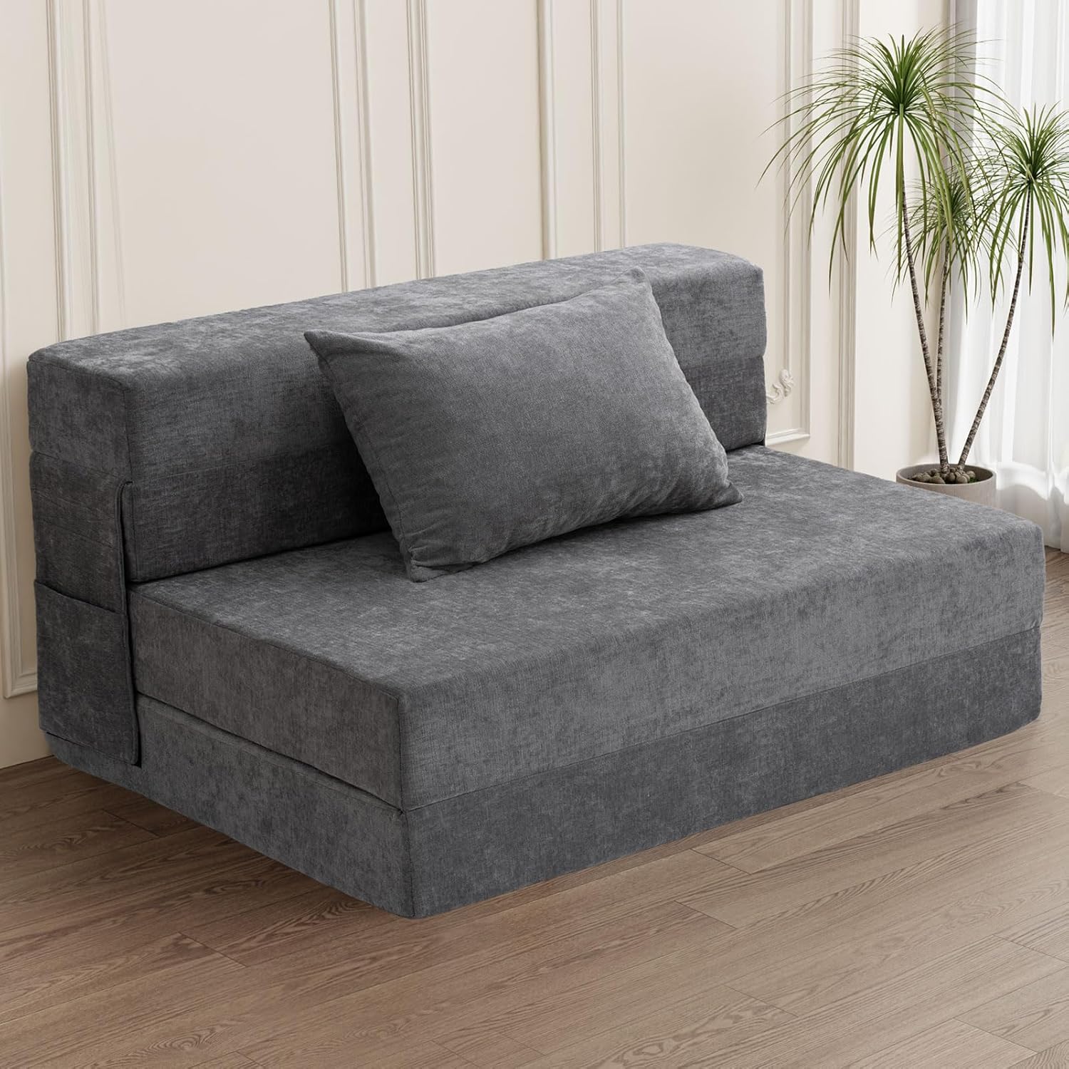 HOMFINE Folding Sofa Bed - Convertible Sleeper Chair with Pillow, Fold Out Couch, Memory Foam Floor Mattress, Futon Couch, Lazy Sofa for Living Room/Dorm/Guest Room/Home Office, Twin, Gray