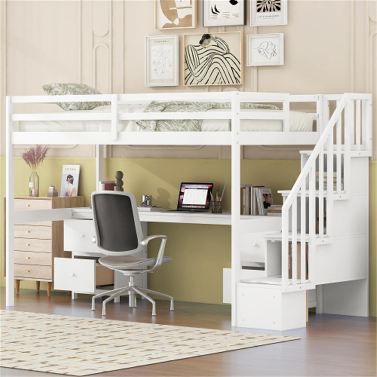 Simple double loft bunk bed frame with built-in desk and double storage drawers, with ladder fence, white