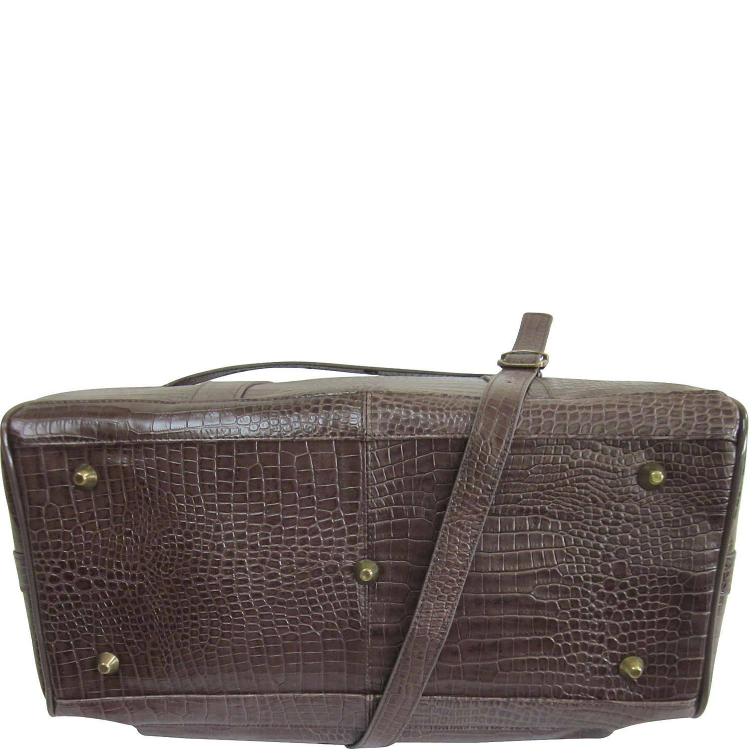 Amerileather Croco-Print 16 inch Leather Carry-On Weekend Duffel, Brown