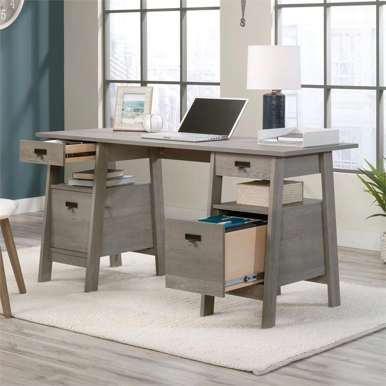 Sauder Trestle Executive Desk with Drawers, Mystic Oak Finish
