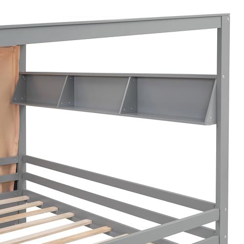 Multi-functional Twin Size House Bed with 2 Drawers and Built-in Wardrobe, Solid Wood Daybed Platform Bed Frame with Curtain Fabrics and Shelves, Maximising Space (Grey-Curt)