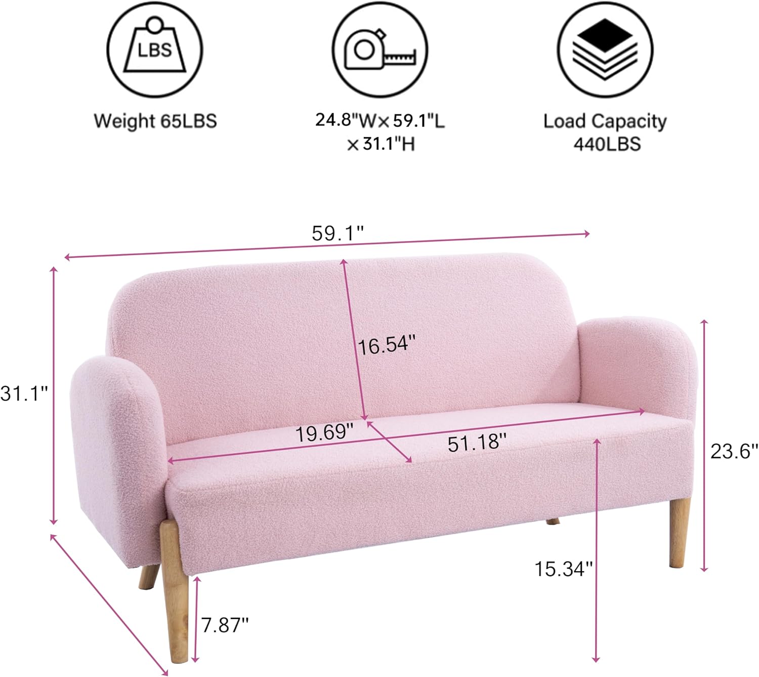 59" Sofa Loveseat with 3 Lumbar Pillows, Mid Century Modern Teddy Fabric Velvet Mini Couch for Living Room, Accent Sofa&Couches with Wood Leg Feet for Home Offices Bedroom, Pink