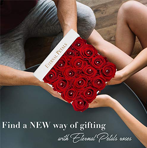Real Roses That Last A Year - 16 Roses in a White Flower Box with 16 Swarovski Crystals (Deep Red)