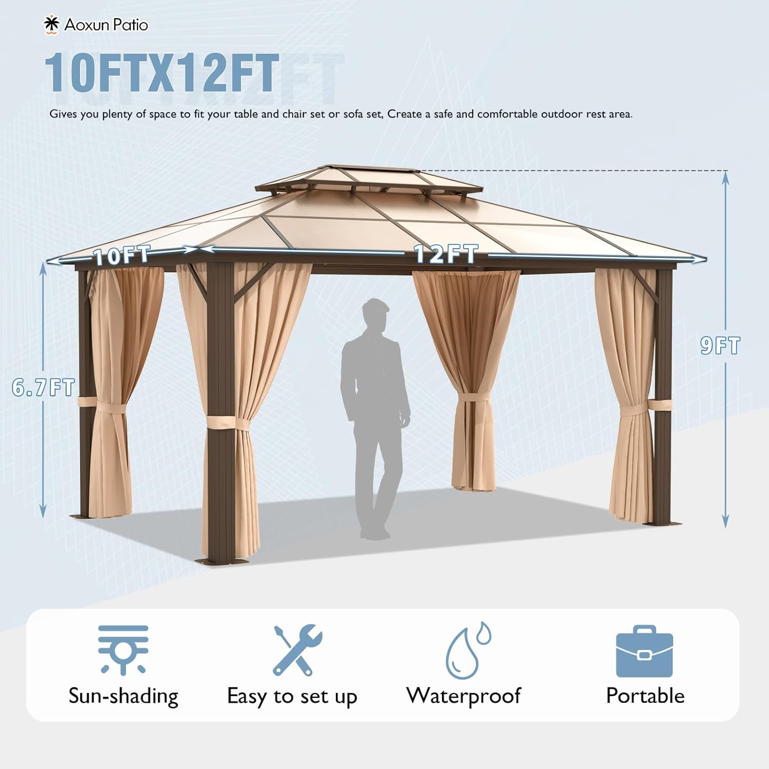 Aoxun 10x12FT Hardtop Gazebo, Aluminum Frame Permanent Pavilion with Curtains and Netting, Outdoor Polycarbonate Gazebo, Double Roof Canopy, for Gardens, Patios, Lawns
