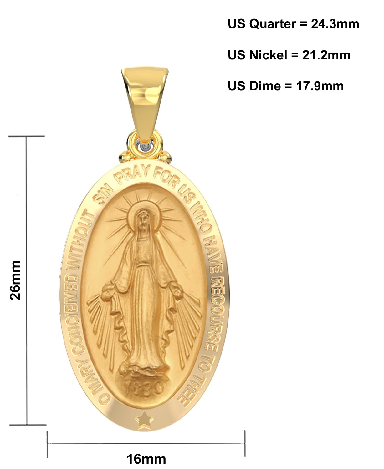 Ladies 14K Yellow Gold Miraculous Virgin Mary Hollow Oval Polished Pendant Necklace, 26mm