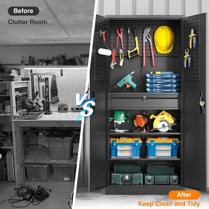 Fesbos Metal Storage Cabinet with Pegboard, Heavy Duty Garage Storage Cabinet with Adjustable Shelves and Doors, Lockable Steel Storage Cabinet with Drawer