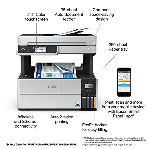 Epson EcoTank Pro ET-5180 Wireless Color All-in-One Supertank Printer with Scanner, Copier, Fax Plus Auto Document Feeder and PCL/Postscript, White, Large