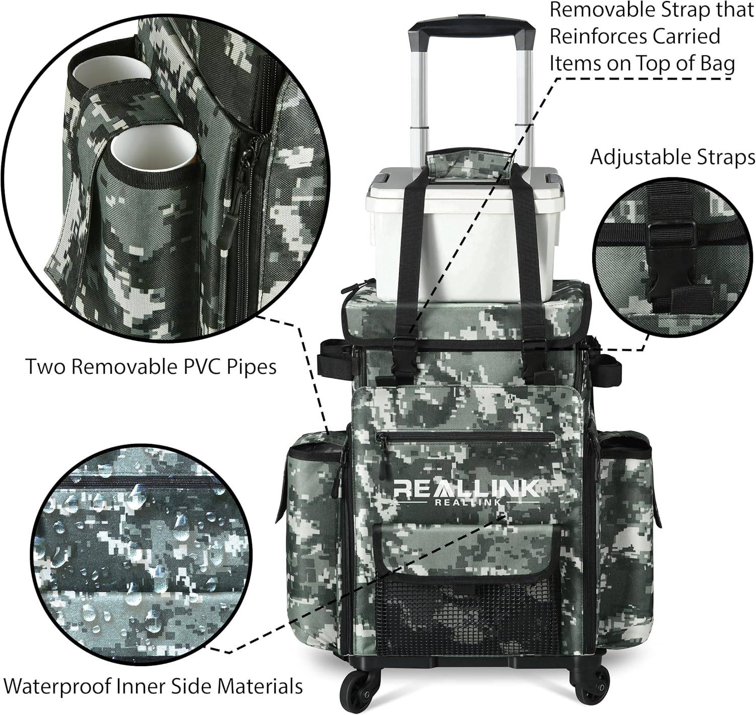 Rolling Fishing Tackle Bags with Rod Holder, Fishing Backpack Removable Wheels and Fishing Cart with Tackle Included, Fishing Gifts for Men, Waterproof Fishing Organizer Pack with Rod Case