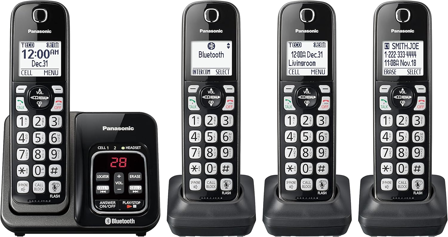 Panasonic Expandable Cordless Phone System with Link2Cell Bluetooth, Voice Assistant, Answering Machine and Call Blocking - 3 Cordless Handsets - KX-TGD663M (Metallic Black)