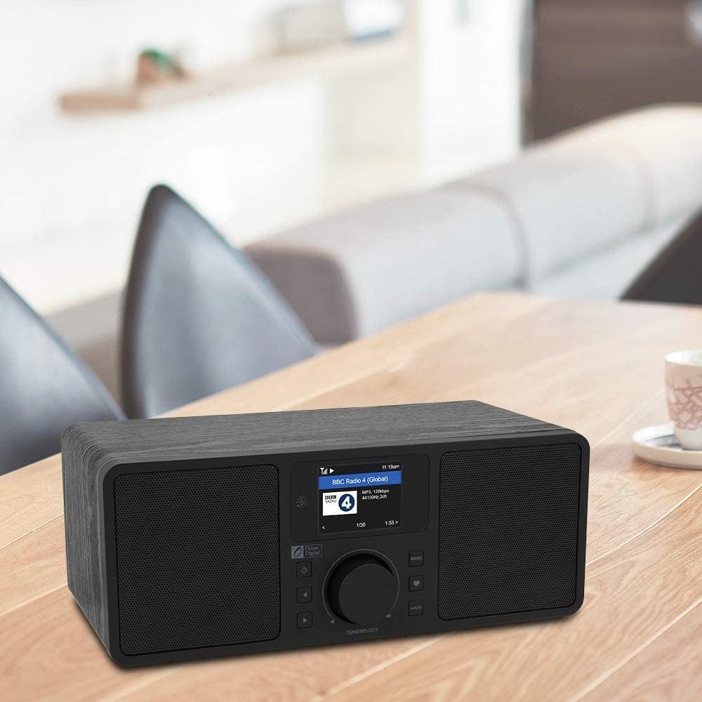 Ocean Digital WiFi/FM Internet Radio WR230SF Alarm Clock Radio with Bluetooth Receiver, Stereo Speakers, 30,000+ Stations, 2.4" Color Display- Black in Wooden Case