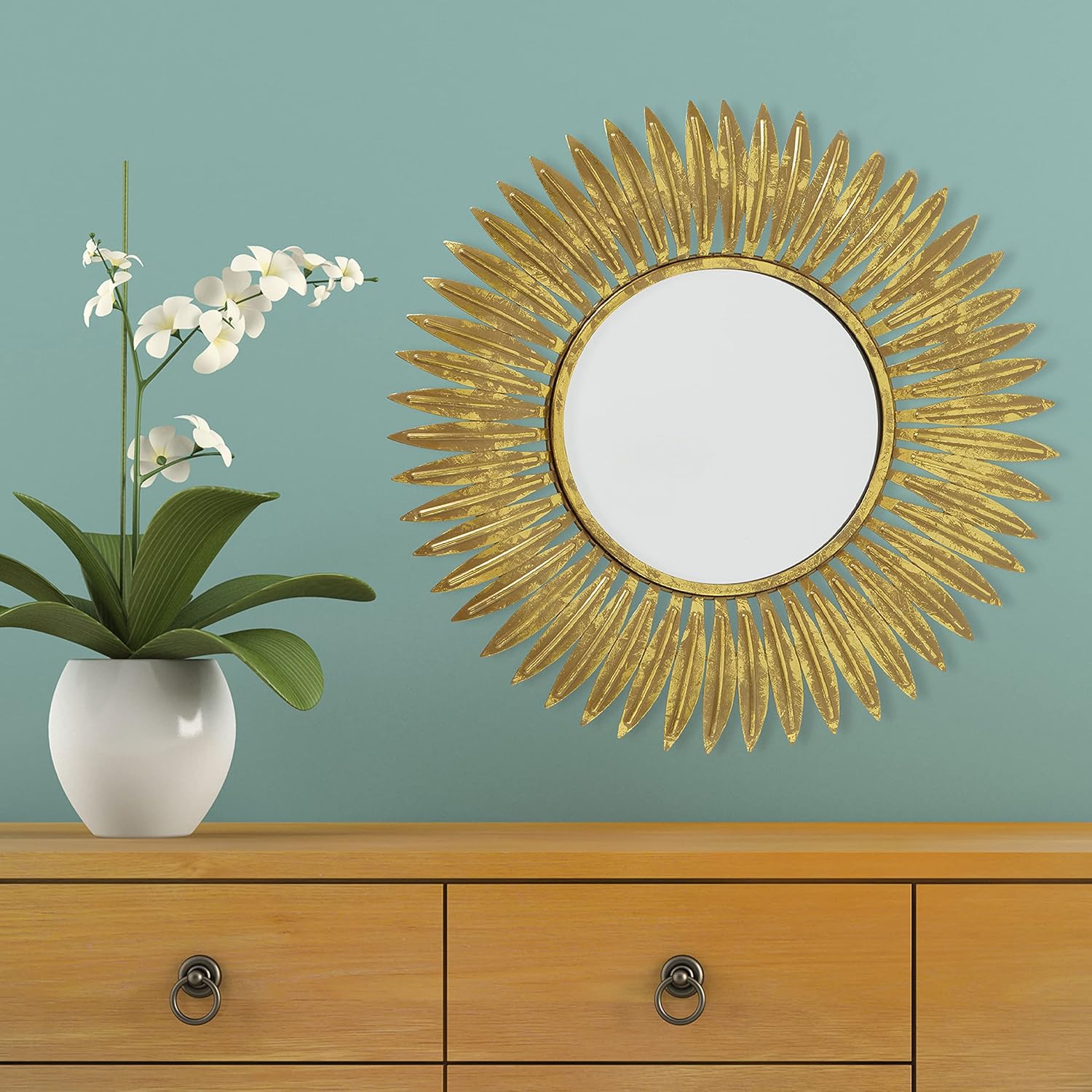 WHW Whole House Worlds Burst Accent Mirror, Brilliant Reflective Glass, Circular, Vintage Style, Golden Gilt Finish Over Metal, Layered Leaf Frame, 19.75 Inches Diameter