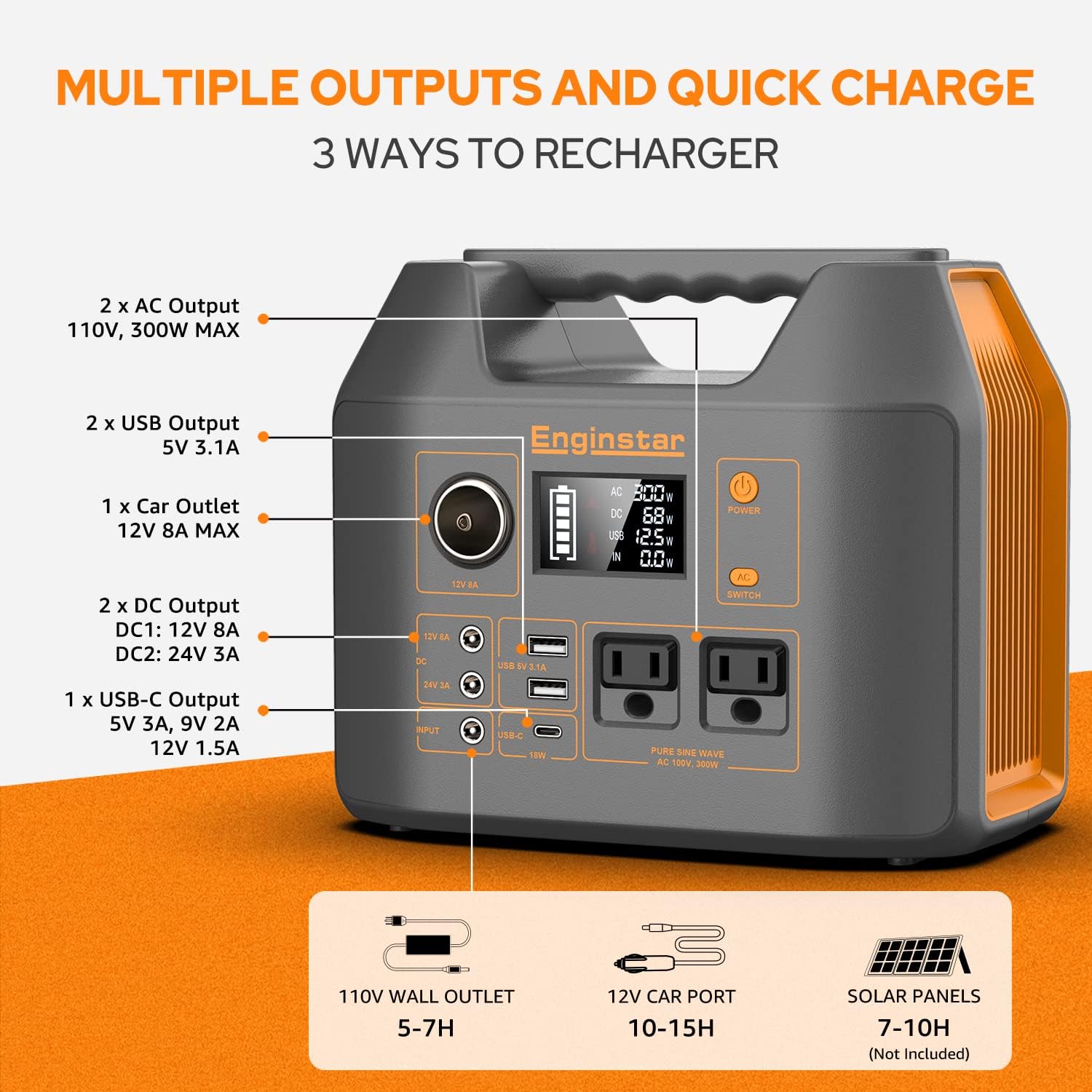 Solar Generator with Panels, EnginStar 300W Solar Generator with 60W Solar Panel, 80000mAh Portable Power Bank with AC Outlet for Outdoors Camping Emergency Use