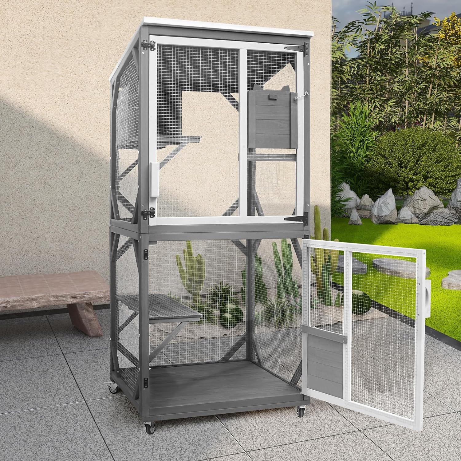GEGURI Large Cat House Outdoor Catio Enclosure, Indoor Wooden Kitten Cage with Upgraded Resting Box, Waterproof Roof