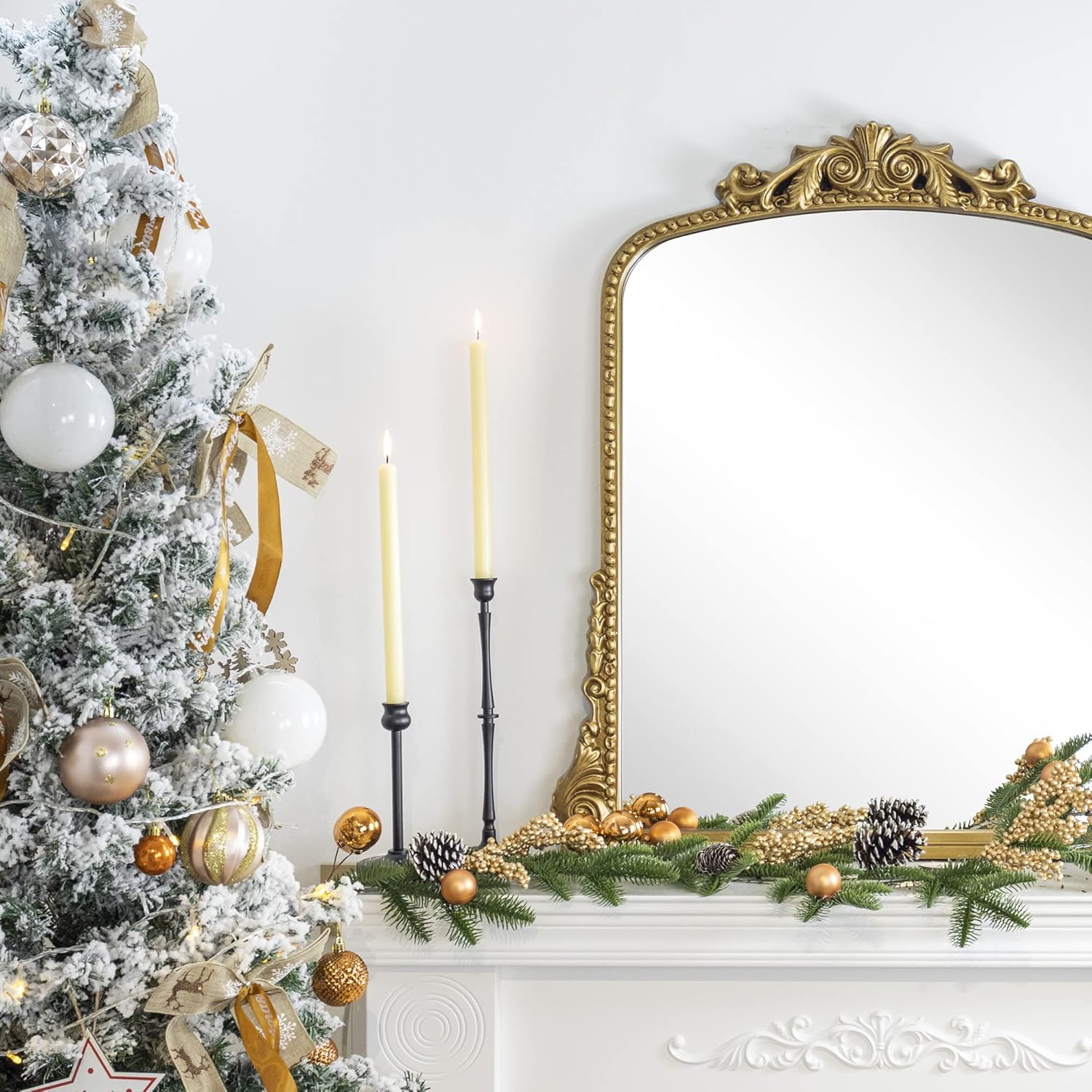 Antiqued Gold Ornate Mirror Arched Mantel Wall Mirror Baroque Inspired Bathroom Vanity Rectangle Wall Mounted Mirror, 30 x 34''
