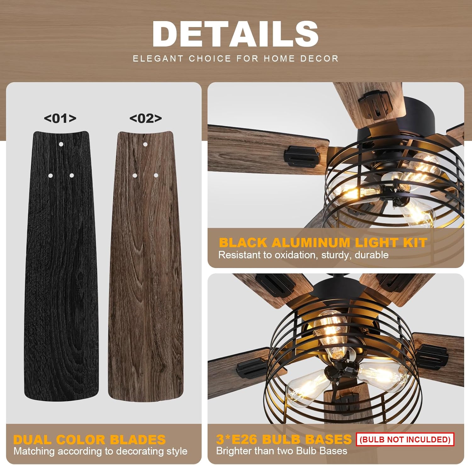 52 Inch Farmhouse Ceiling Fan with Light and Remote,3-Lights Rustic Ceiling Fan with Caged Ceiling Fan,5 Dual Finish Blades,Industrial Black Ceiling Fan for Bedroom, Patio, Living Room