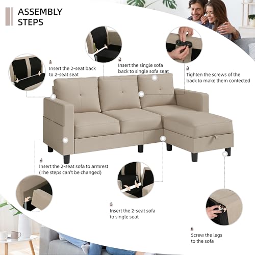 Shintenchi Upholstered Convertible Sectional Sofa for Living Room, 3 Seat L Shaped Couches with Storage Function Ottoman, Modern Linen Convertible Sofas with Reversible Chaise