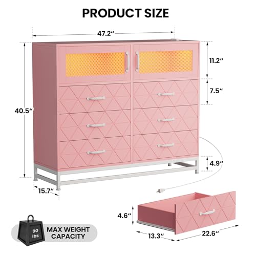 6 Drawer Dresser for Bedroom with LED Lights and Charging Station, Wooden Double Dresser with 2 Shelves & Mental Grid Handle, Modern Chest of Drawers for Bedroom, Entryway, Hallway, Pink