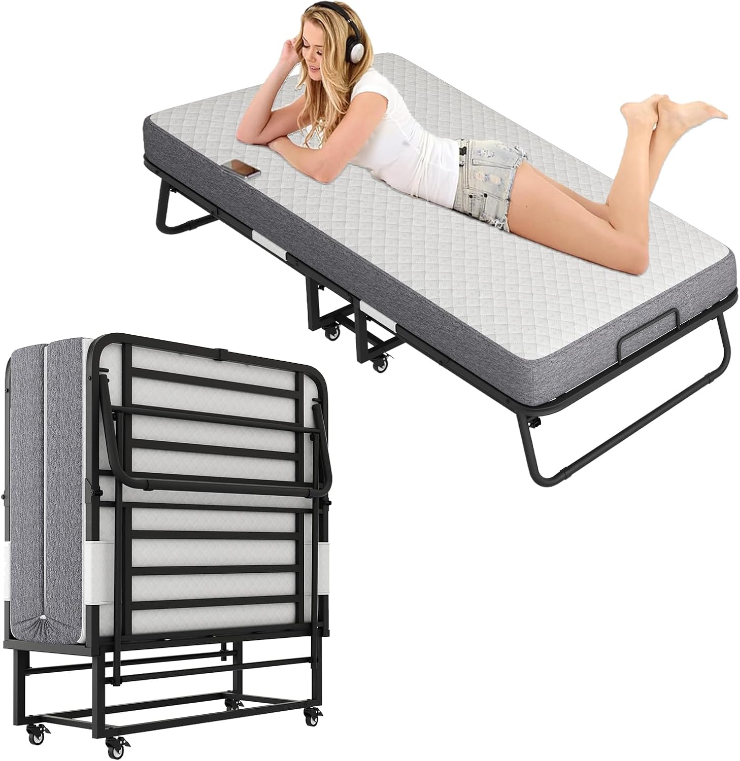 75x38 Twin Size Bed Frame - Portable Foldable Roll Away Adult Bed for Guest with Twin Memory Foam, Space Saving Fold Up Bed for Easy Storage
