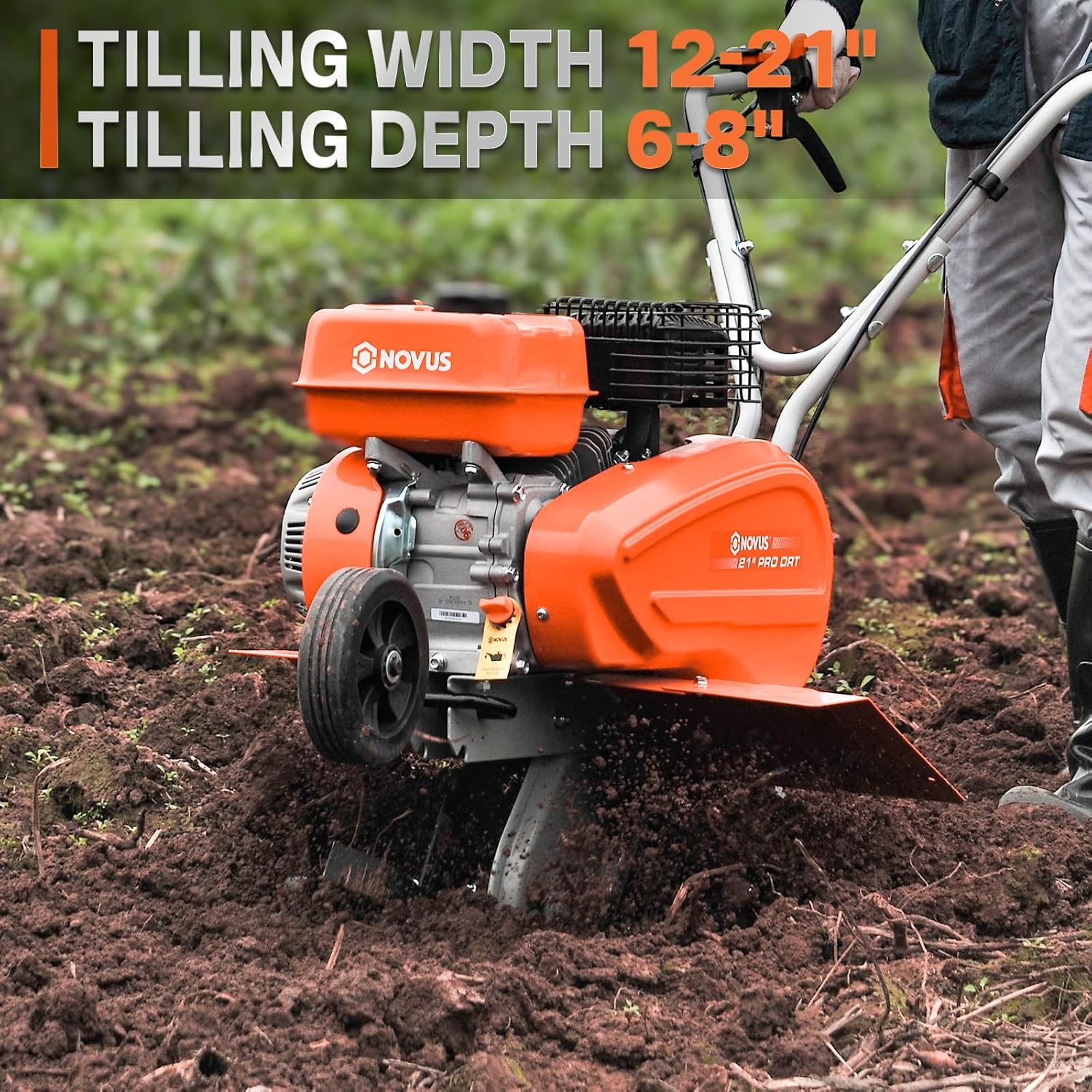 NOVUS Gas Tiller 21-Inch Gas Powered Front Tine Tiller Cultivator 212cc 4-Cycle Gas Engine with Toolless Adjustable Tilling Width 12in-21in, Gas Tiller for Gardening, Garden Tillers Gas Powered