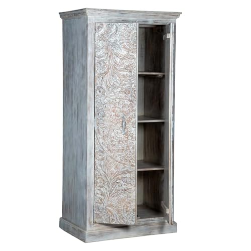 Shabby Chic White Carved Wardrobe - Solid Wood, 35.2" W x 23.4" D x 74.6" H Inches,Solid Wood Wardrobe,White Armoire