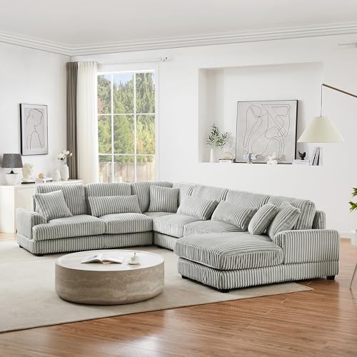 Oversized U-Shaped Sectional Sofa Couch Plush Corduroy Upholstered Modular Deep Seat Sofa&Couch Sectional W/Right Facing Chaise Lounge and 7 Toss Pillows for Home Apartment Living Room Furniture Sets