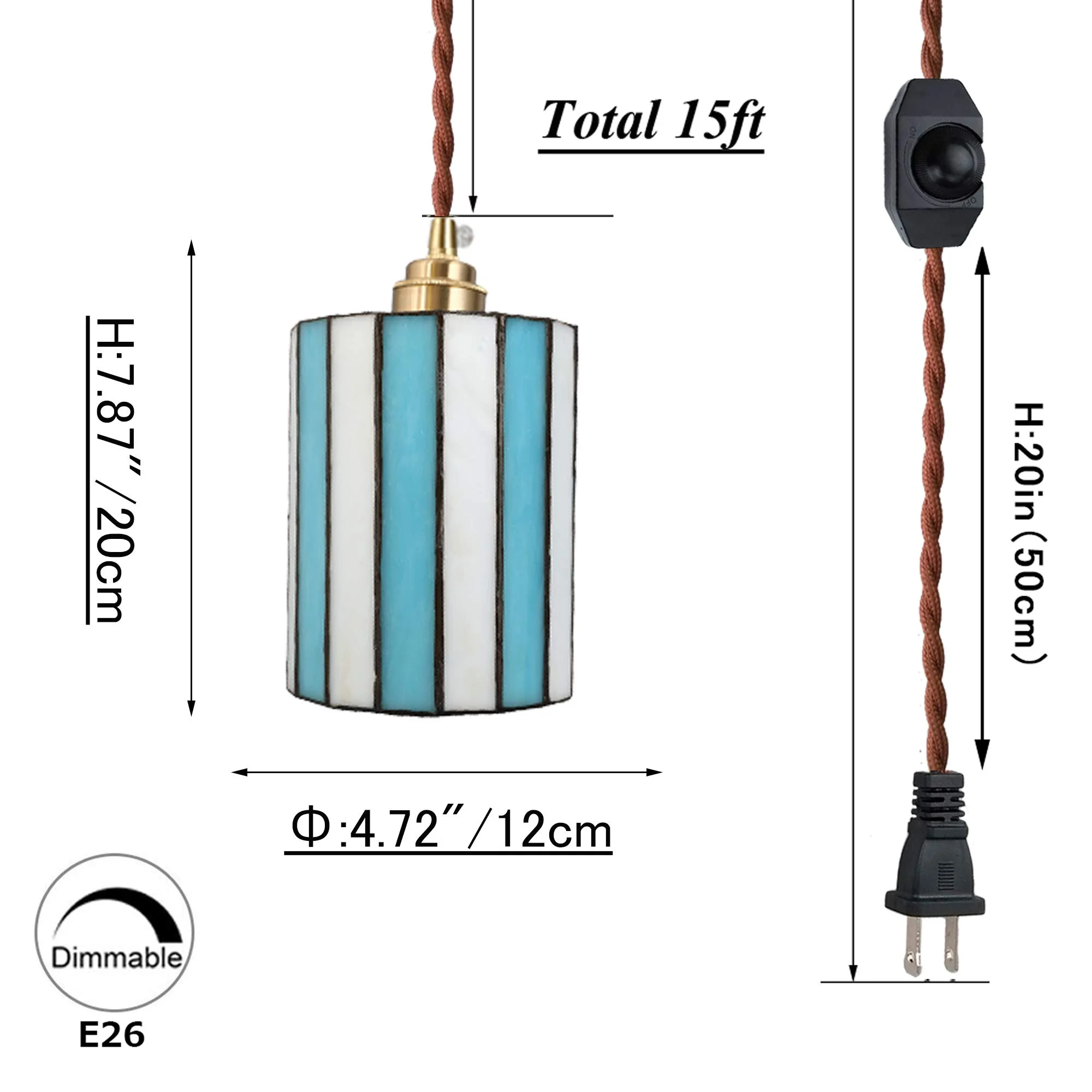 FSLiving Hanging Swag Lamp Pendant Light with 15ft Plug-in UL Dimmable Cord Brass Finished E26 Socket Tiffany Blue Streak Glass Lamp Nordic Industrial Hanging Lamp,Bulbs Not Included - 1 Pack