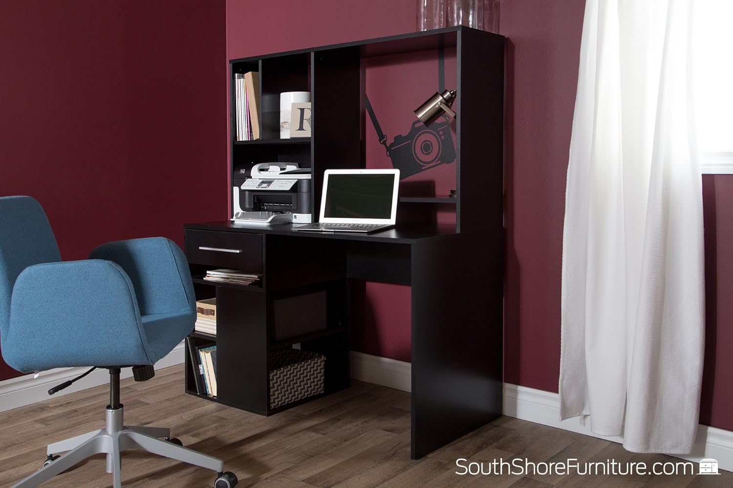 South Shore Narrow Home Office Computer Desk with Hutch, Pure Black